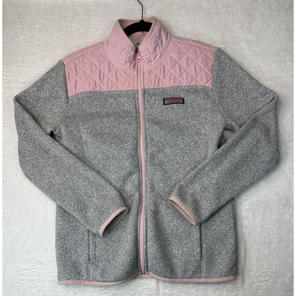 Vineyard Vines Fleece Jacket Girls XL 16 Grey Pink Quilted Full Zip